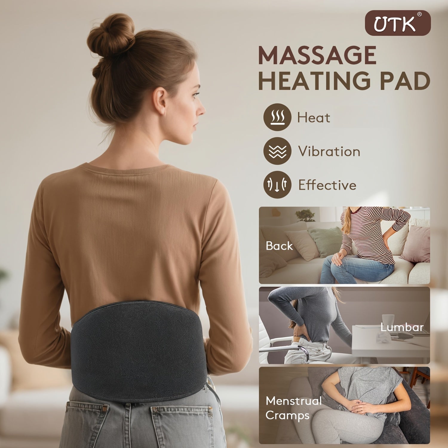 UTK Stone Heating & Pad for Lower - Adjustable 103-159°F Temperature & 3-Level Vibration, USB-Powered Heating Belt for Waist, Lumbar, Abdomen - Professional Grade, Ideal Gift, Ergonomic Design | Textured Surface, Massager
