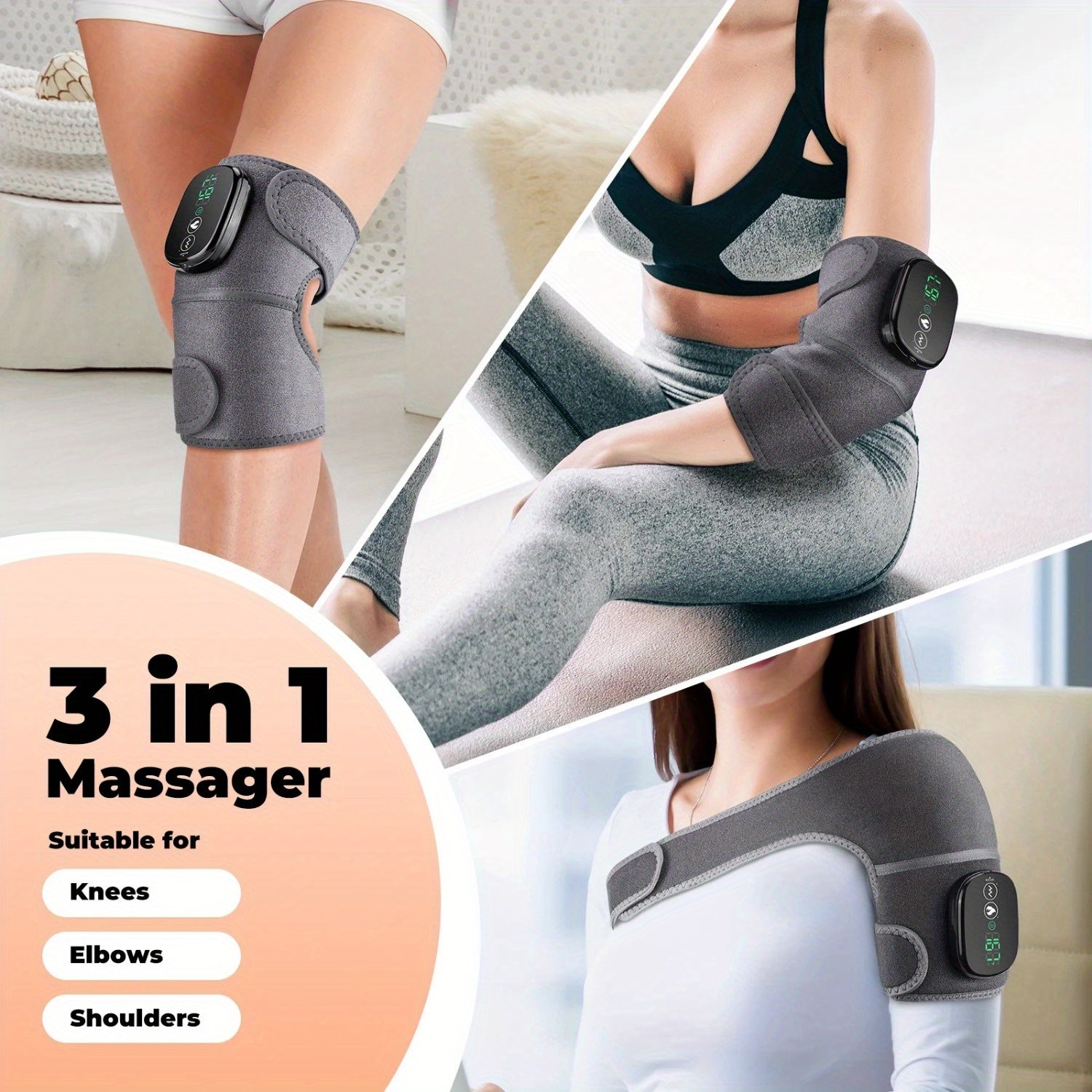 [3-in-1 Knee Massager] 3-in-1 Cordless Knee Massager with Heat and Vibration | Kneepad Vibrator Shoulder Knee Elbow Heating Pad Massage, Knee Brace with Massager