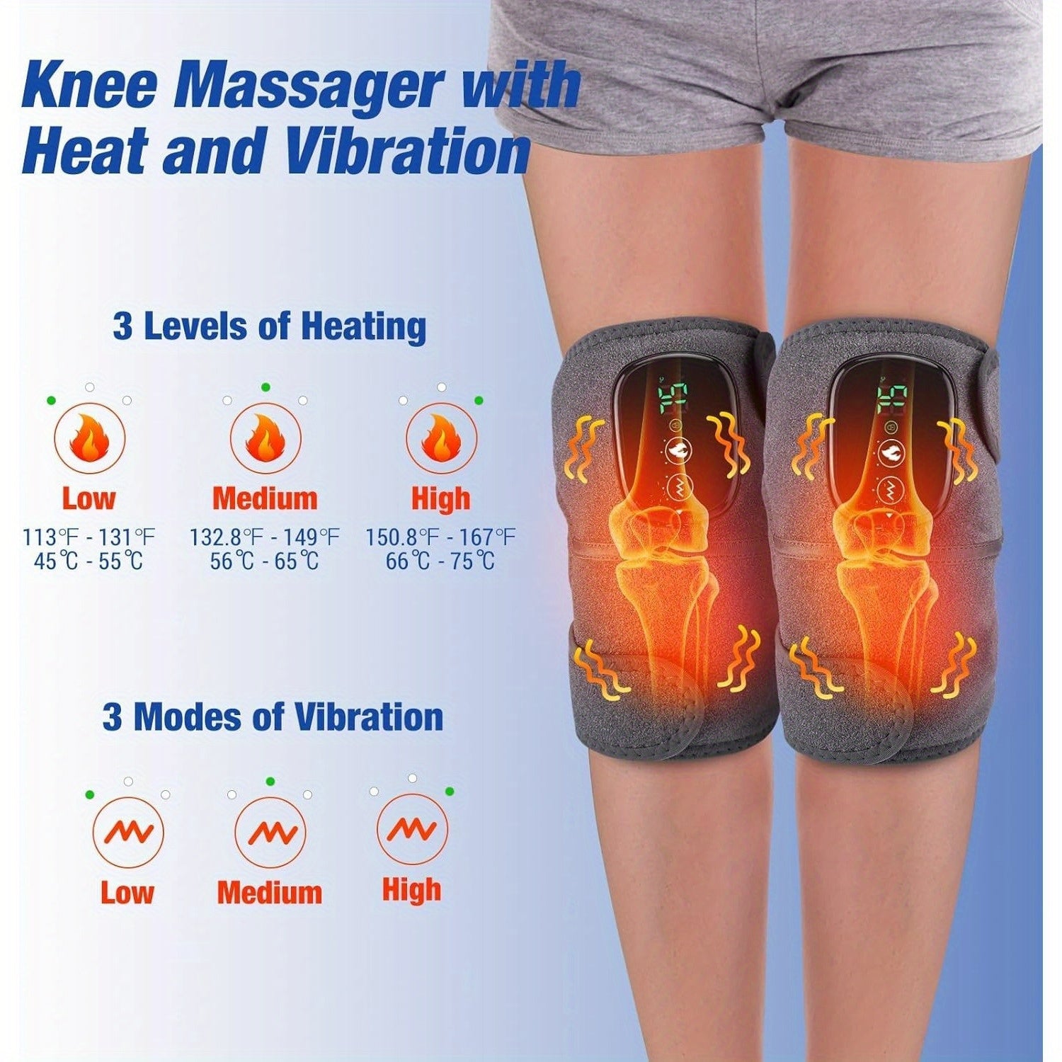 [3-in-1 Knee Massager] 3-in-1 Cordless Knee Massager with Heat and Vibration | Kneepad Vibrator Shoulder Knee Elbow Heating Pad Massage, Knee Brace with Massager