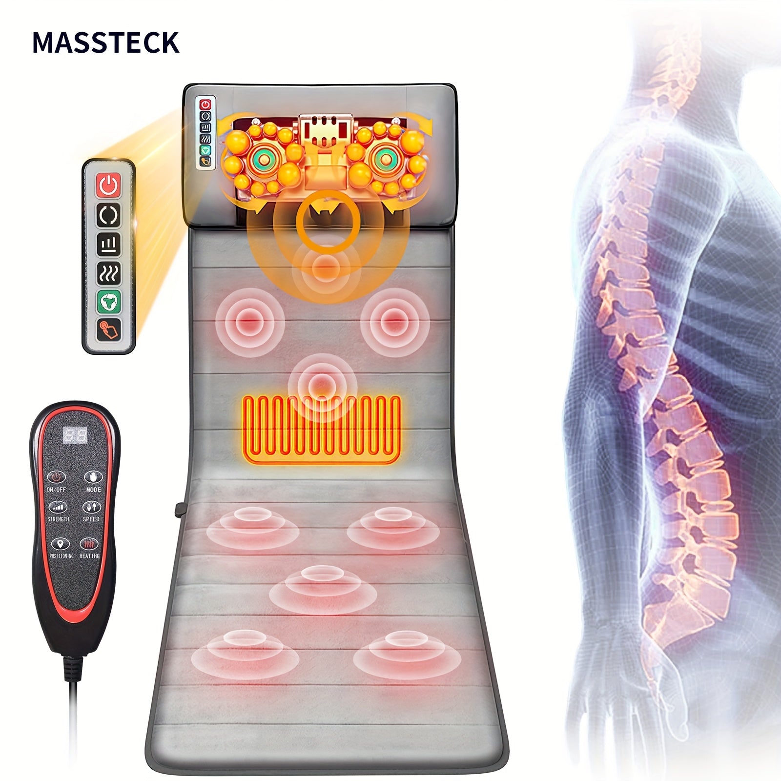 MASSTECK Full Body Massager Mat with Heat & Movable Shiatsu Neck Back Massager Pillow, Lumbar Traction & Relax, 9 Vibration Motors & Back Heating Pad, Full Body Massager for Neck Back Waist Hip Leg, Massage Gift for Mom/Dad/Women/Men