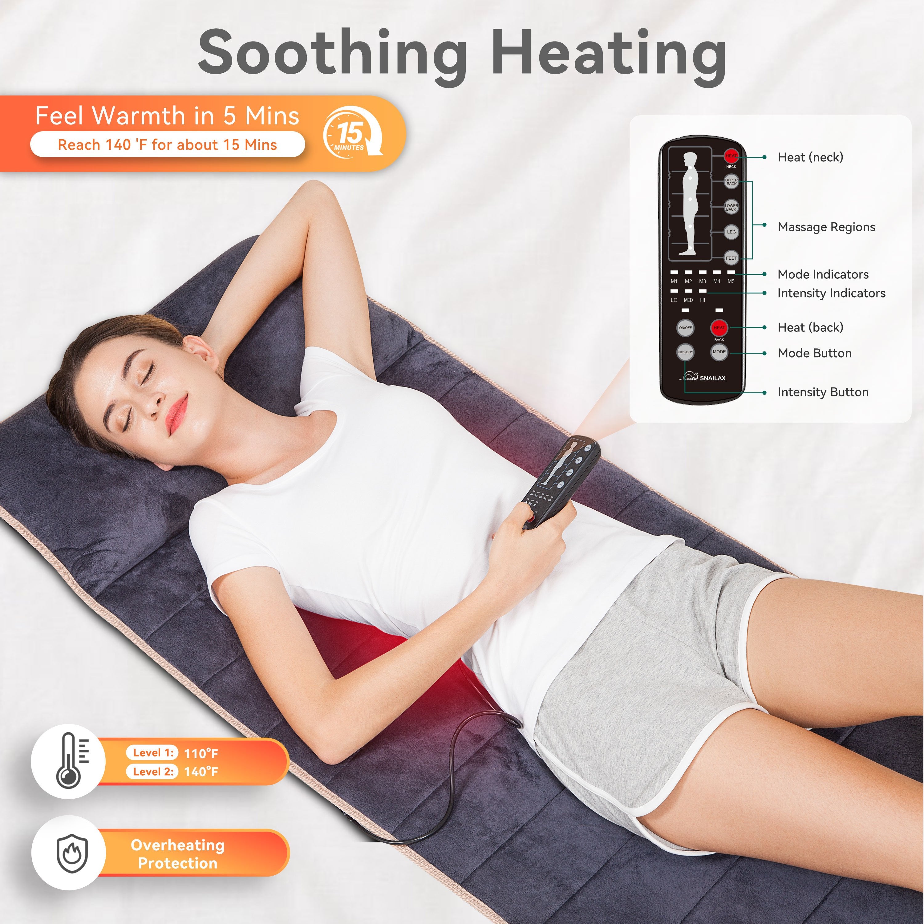 Snailax Memory Foam Full Body Massage Mat with Heat, Massage pad with 10 Vibration Motors and 4 Heating pad, Vibration pad for Back, Perfect Birthday Gift For Men And Women