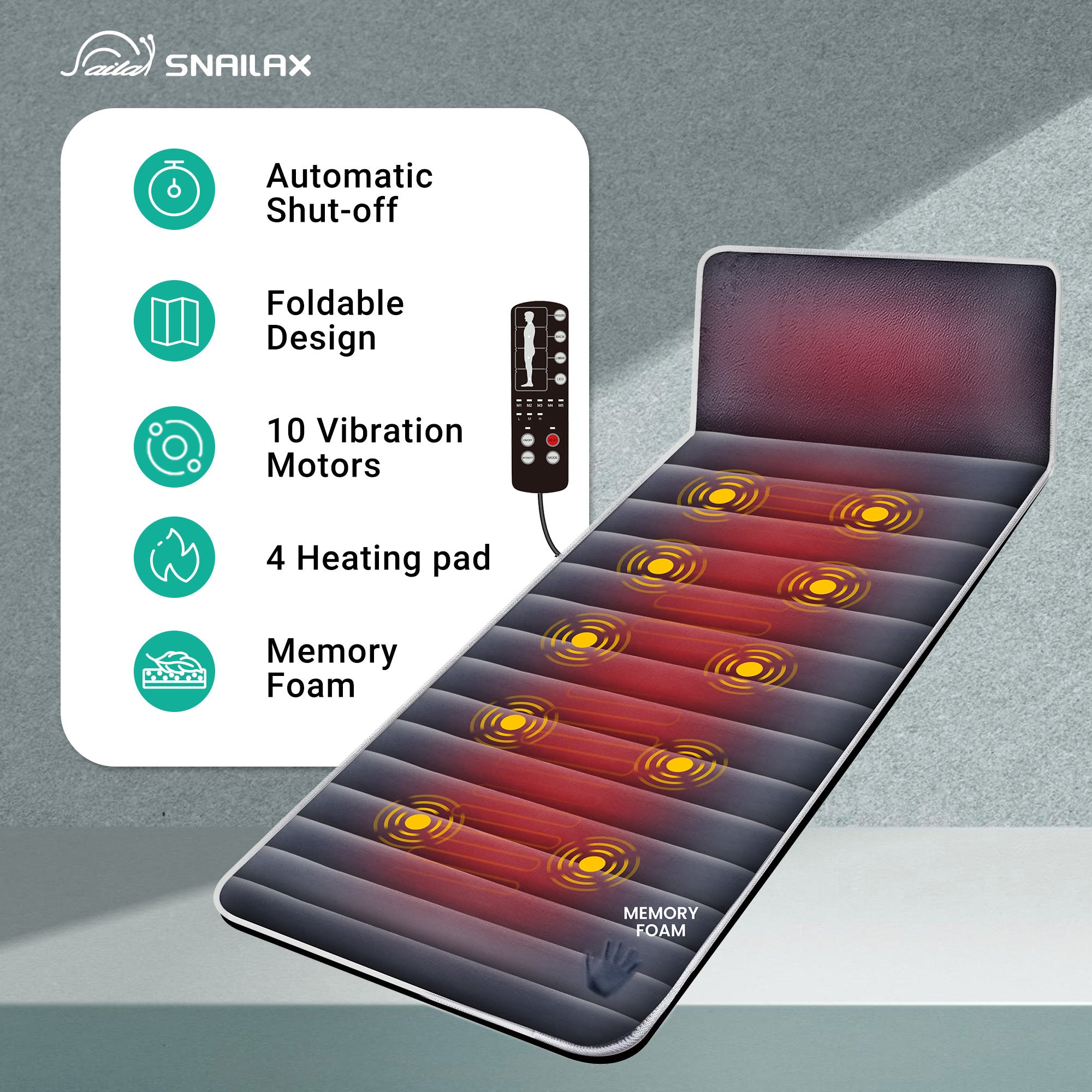 Snailax Memory Foam Full Body Massage Mat with Heat, Massage pad with 10 Vibration Motors and 4 Heating pad, Vibration pad for Back, Perfect Birthday Gift For Men And Women
