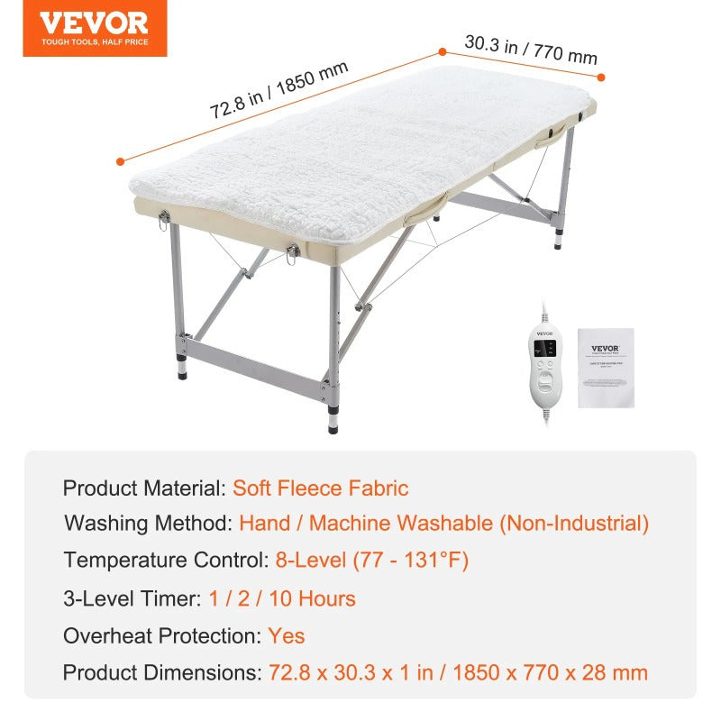 VEVOR Massage Table Warmer Heating Pad - 1" Thickened Fleece with Timer, 3 Heat Settings & 3 Modes (Massage, Heat, Timer), Ergonomic Design for Muscle Relaxation, Post-Workout Recovery, Home Use, Massage Tool, Sleek Design, Durable Construction