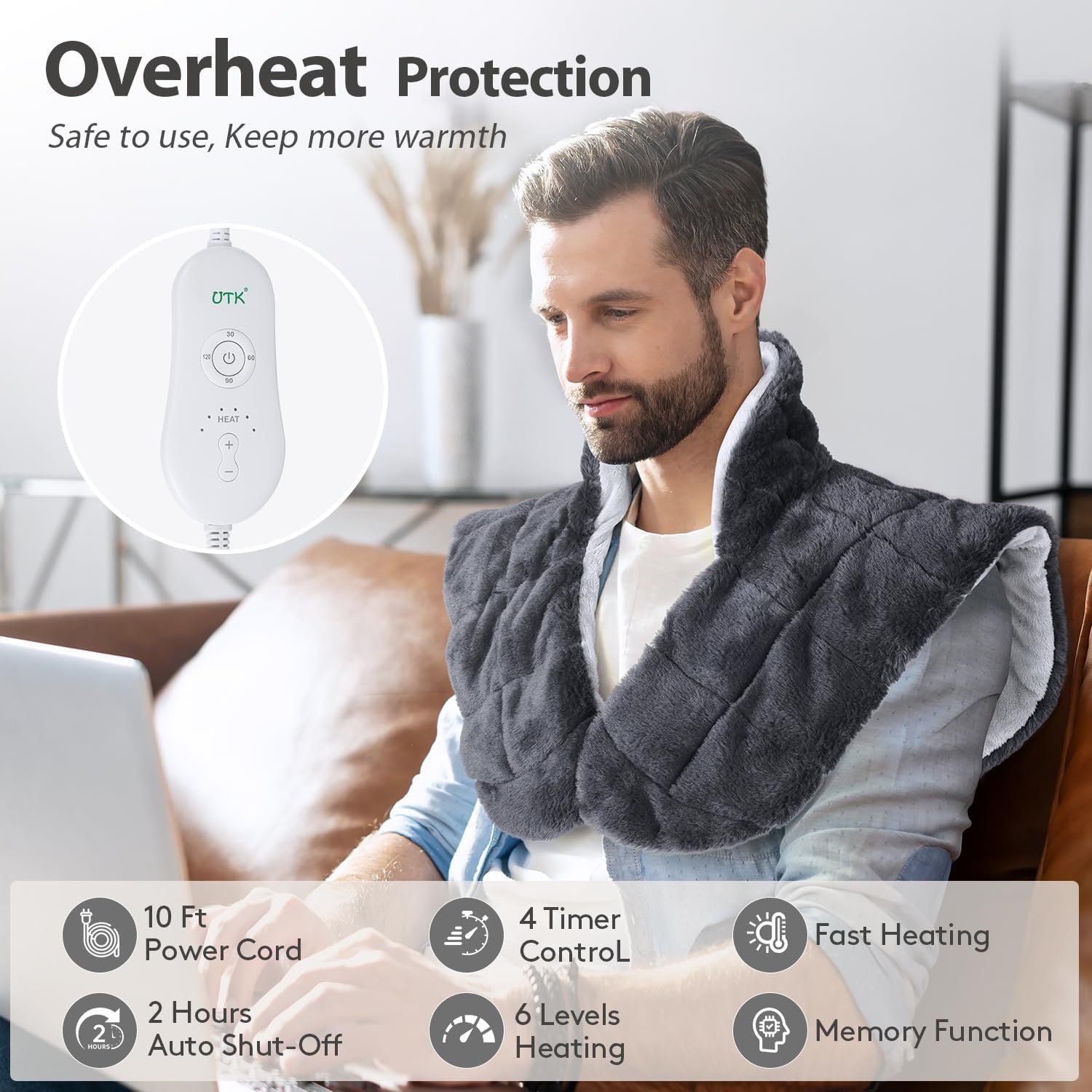 UTK Large Heated Neck Shoulder Wrap With Weighted Design And Auto Shut Off, 24"x 20" Electric Heating Pad Relaxation, Mother'S Day Gift