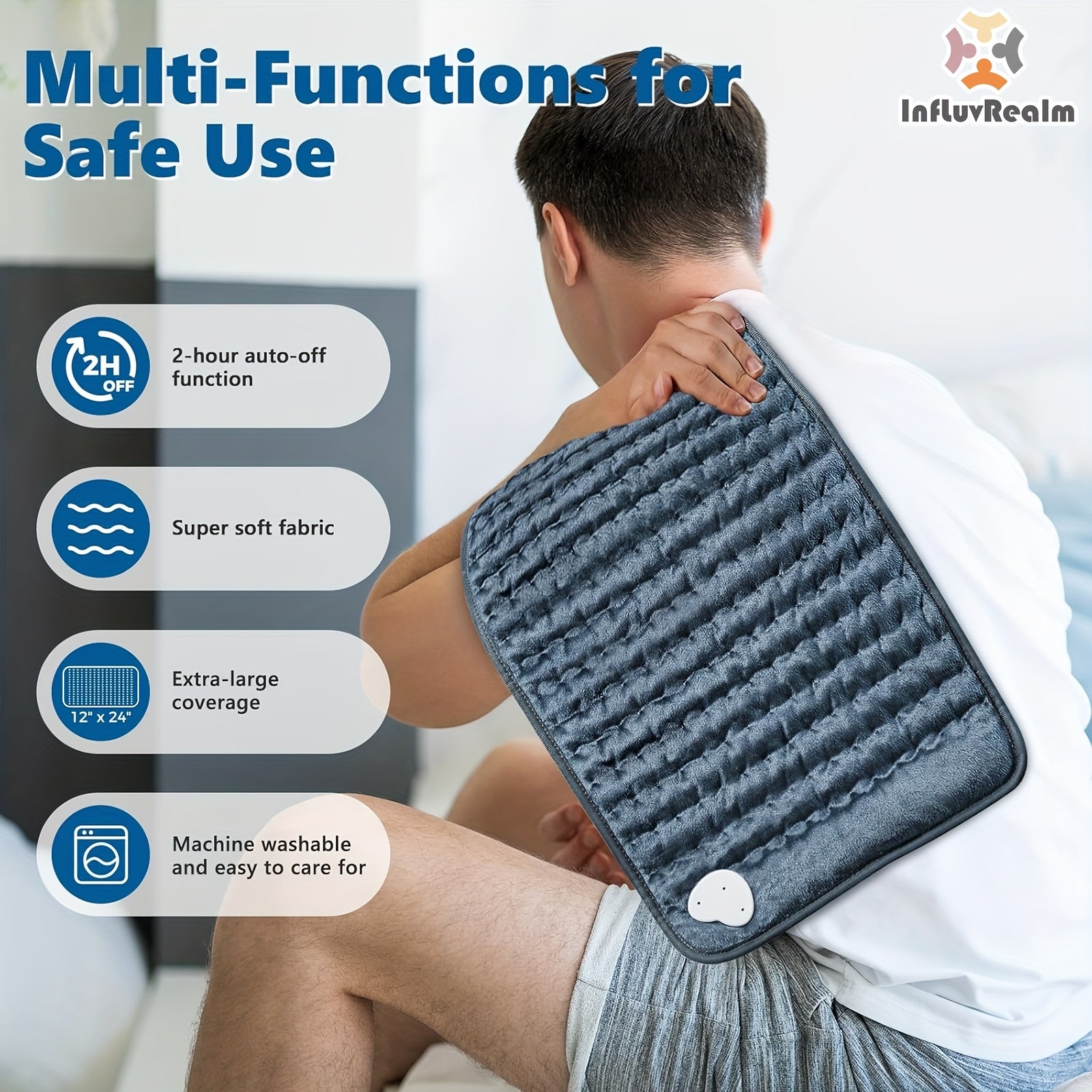 InfLuvRealm Electric Heating Pad for Back, Neck, Shoulder, Knee & Leg - 6 Heat Levels up to 150°F, 2-Hour Auto-Off, 12x24 Inch Soft Flannel Machine Washable - Gift for Men, Mom, Dad, Portable Heat | Premium Look Pad | Durable Comfort