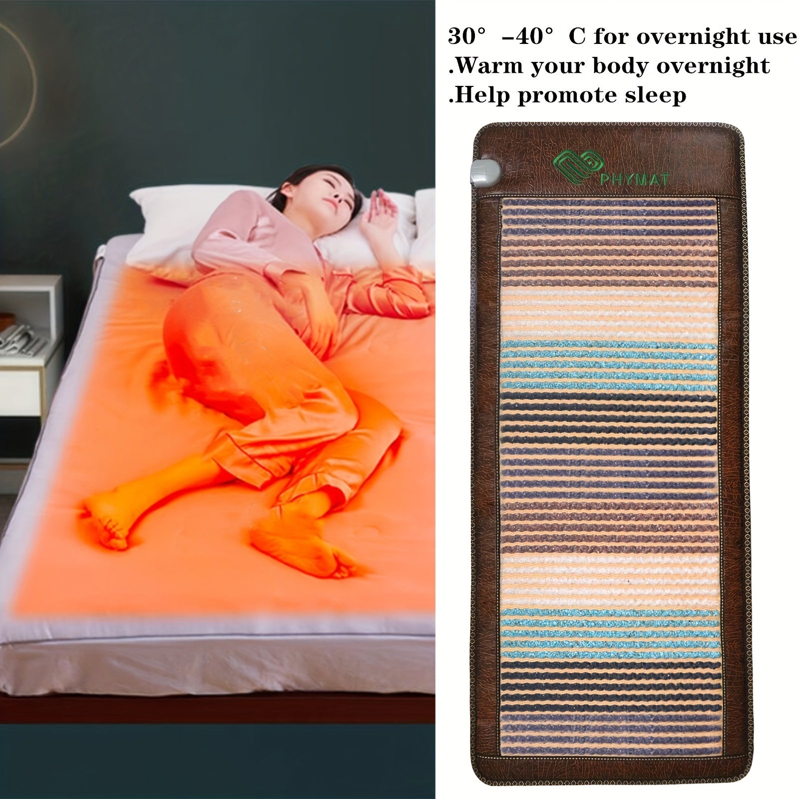 PHYMAT Far Infrared Heating Pad - Electric Heating Mat With 5 Color Crystal Stone On Suface - Full Body Size Infrared Mat - Adjustable Timer And Temperature, Overheat Protection And Auto Off Function