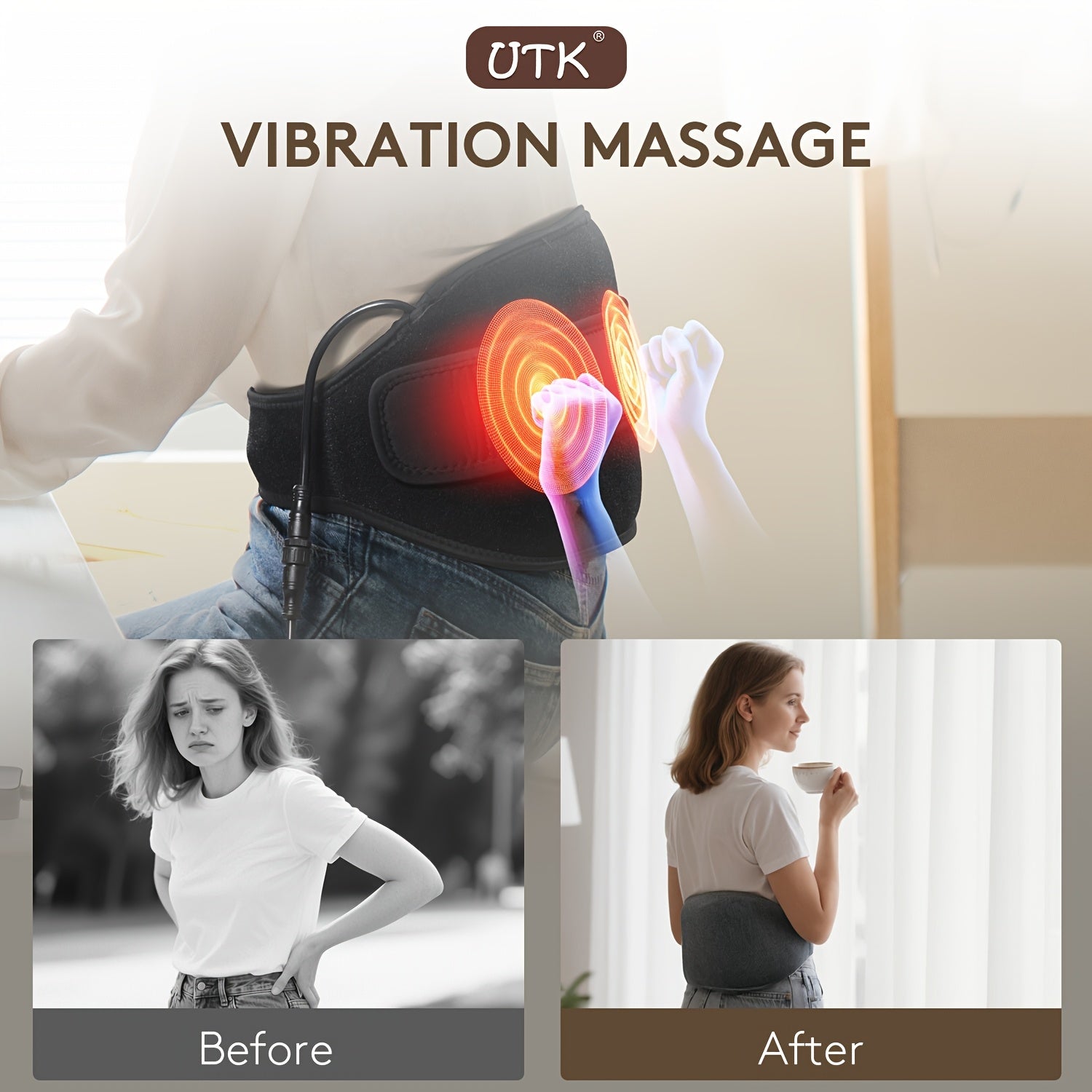 UTK Stone Heating & Pad for Lower - Adjustable 103-159°F Temperature & 3-Level Vibration, USB-Powered Heating Belt for Waist, Lumbar, Abdomen - Professional Grade, Ideal Gift, Ergonomic Design | Textured Surface, Massager
